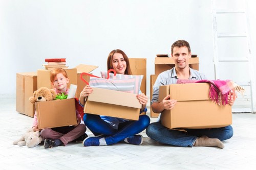 Removal truck and packed boxes for a house move in Bickley