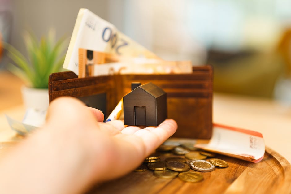 A close-up view of a person's hand placing a small black model house onto a wooden surface next to a brown leather wallet containing Euro banknotes and coins. In the background, there is a blurred indoor setting with a green potted plant and soft natural light. The scene appears to depict financial planning or budgeting related to home relocation or moving services, consistent with professional removals offered by Man With a Van Bickley. The image emphasizes aspects of packing, finance, and logistics involved in house removals, with a focus on organized funds and move preparation inside a residential environment.