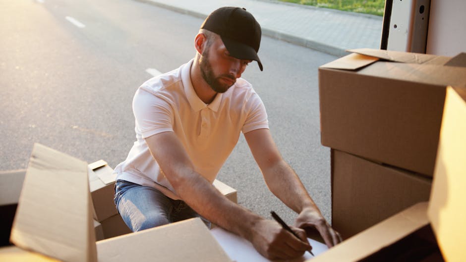 A man wearing a black cap, white polo shirt, and jeans is sitting on a paved surface, surrounded by several cardboard boxes used for moving. He is carefully writing or signing on a piece of paper plac
